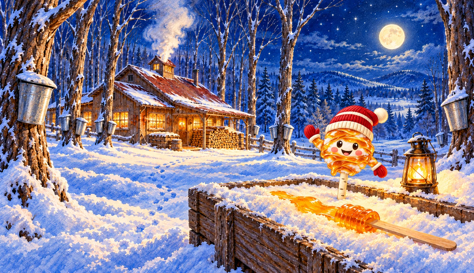 A moonlit sugar bush at night: a glowing sugar shack, a trough of snow with a ribbon of taffy, and a tiny figure in a red tuque standing up out of it