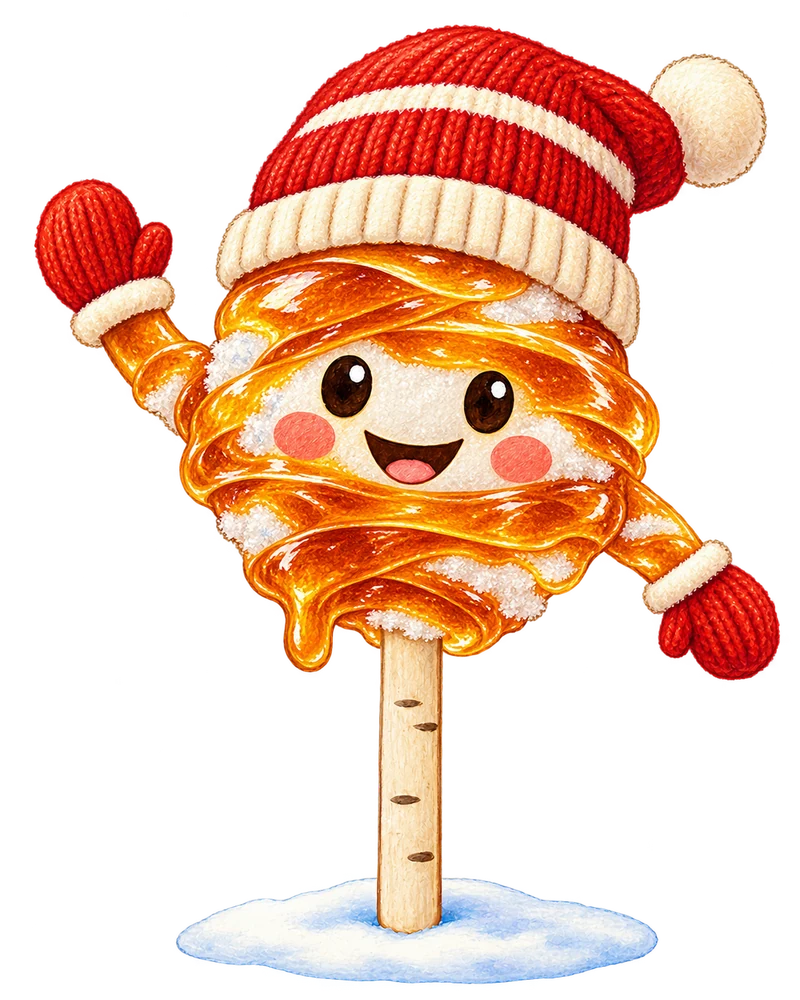 Ti-Sucre, a smiling blob of maple taffy on a birch stick, wearing a red tuque and mittens, waving